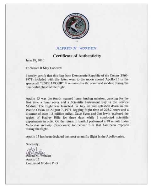 Apollo 15 Flown 6'' x 4'' Flag of The Democratic Republic of The Congo -- Signed & Inscribed ''Flown to the Moon on Apollo 15 Al Worden CMP'' by The NASA Astronaut -- Fine -- With COA by Worden