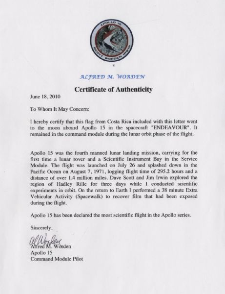 Apollo 15 Flown 6'' x 4'' Costa Rica Flag -- Signed & Inscribed ''Flown to the Moon on Apollo 15 Al Worden CMP'' by NASA Astronaut Al Worden -- Near Fine -- Also With COA by Worden
