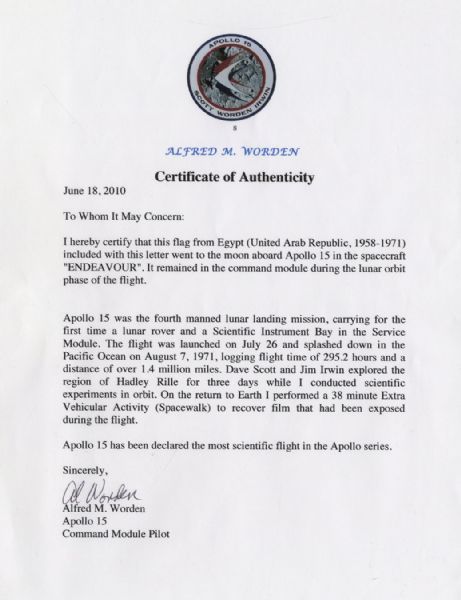 Apollo 15 Flown 6'' x 4'' Egyptian Flag -- Signed & Inscribed ''Flown to the Moon on Apollo 15 Al Worden CMP'' by NASA Astronaut Al Worden -- Near Fine -- Also With COA by Worden