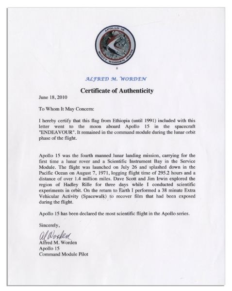 Apollo 15 Flown 6'' x 4'' Ethiopian Flag -- Signed & Inscribed ''Flown to the Moon on Apollo 15 Al Worden CMP'' by NASA Astronaut Al Worden -- Near Fine -- Also With COA by Worden