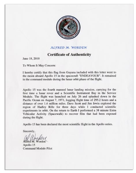 Apollo 15 Flown 6'' x 4'' Guyana Flag -- Signed & Inscribed ''Flown to the Moon on Apollo 15 Al Worden CMP'' by NASA Astronaut Al Worden -- Near Fine -- Also With COA by Worden