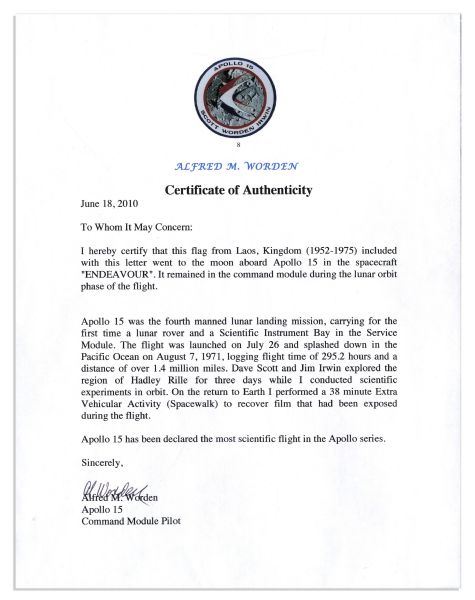 Apollo 15 Flown 6'' x 4'' Kingdom of Laos Flag -- Signed & Inscribed ''Flown to the Moon on Apollo 15'' by NASA Astronaut Al Worden -- Near Fine -- Also With COA by Worden