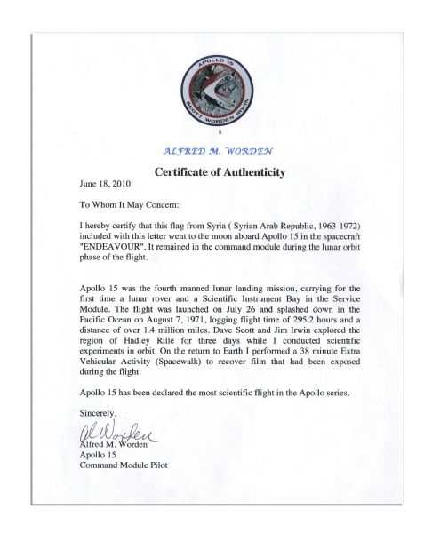 Apollo 15 Flown 6'' x 4'' Syrian Flag -- Signed & Inscribed ''Flown to the Moon on Apollo 15'' by NASA Astronaut Al Worden -- Near Fine -- Also With COA by Worden