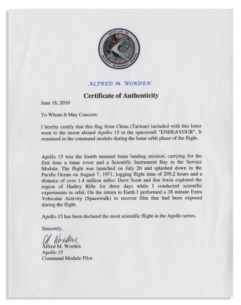 Apollo 15 Flown 6'' x 4'' Taiwan Flag -- Signed & Inscribed ''Flown to the Moon on Apollo 15 Al Worden CMP'' by NASA Astronaut Al Worden -- Near Fine -- Also With COA by Worden