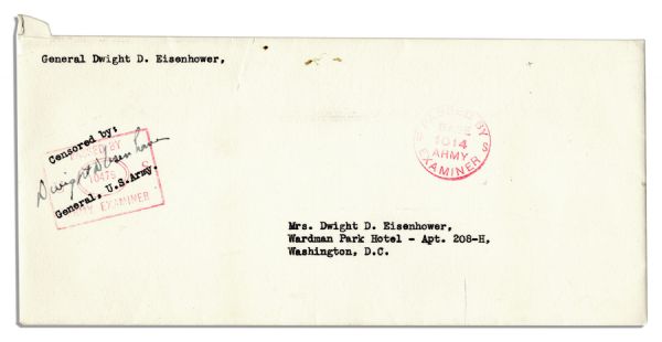 Eisenhower WWII Letter to Mamie -- ''...we rode 20 hours without stopping...long day of riding & inspecting...you may have a very old, broken down man on your hands...'' -- With Envelope Signed by Ike