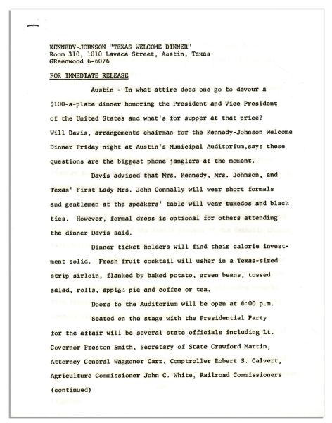 Press Kit From the JFK Texas Welcome Dinner  -- Scheduled for the Night of His Assassination