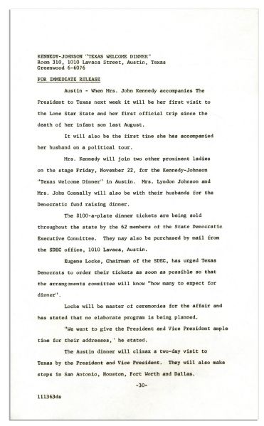 Press Kit From the JFK Texas Welcome Dinner  -- Scheduled for the Night of His Assassination