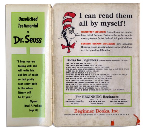 Scarce First Edition of Dr. Seuss' Beloved ''Green Eggs and Ham'' -- First Edition Dustjacket Minus ''50 Word Vocabulary'' Sticker
