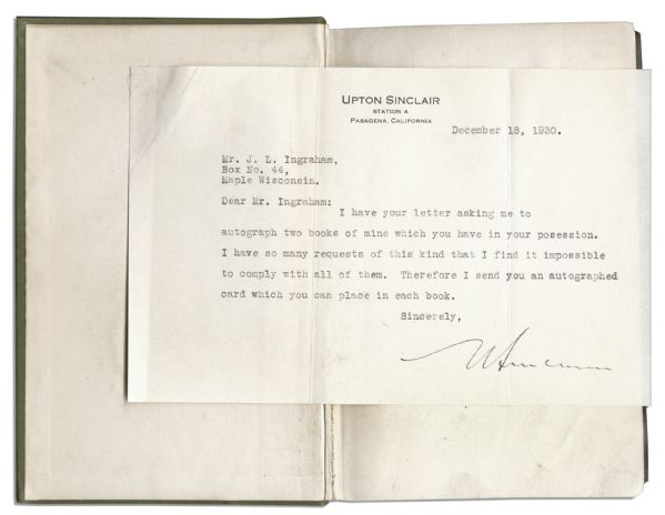 Upton Sinclair First Edition of ''The Jungle'' -- With Tipped-in Typed Letter Signed by Sinclair -- ''...I send you an autographed card which you can place in each book...''