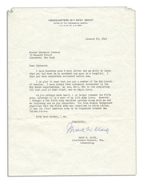 Mark Clark Typed Letter Signed to Boy Scout Johnson -- With Fifth Army Shoulder Patch -- 1945