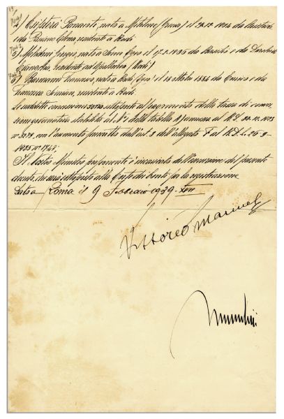 1939 Benito Mussolini & Vittorio Emanuele III Document Signed