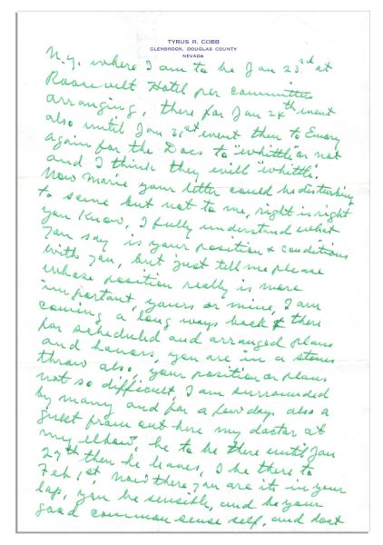 Ty Cobb Autograph Letter Signed Shortly After His Cancer Surgery -- ''...I am full of this hellish pain unless I fill up on pain killers to not fully abate my suffering...and yet...I do not...