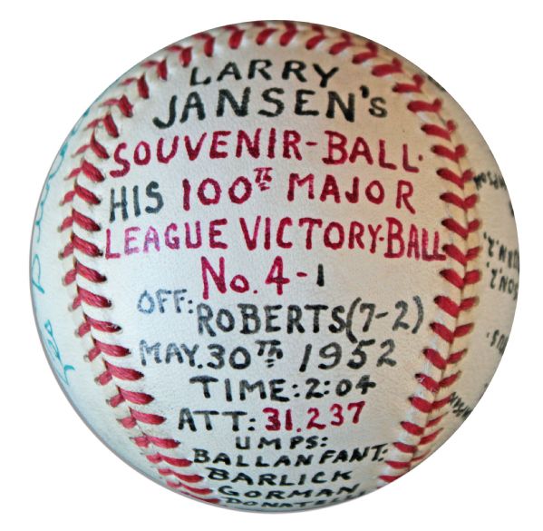 Larry Jansen Signed Baseball in Celebration of His 100th MLB Win -- Also Signed by Bobby Thomson, Al Dark, Dave Williams, Whitey Lockman, Hank Thompson, Don Mueller & Bob Elliott -- 1952