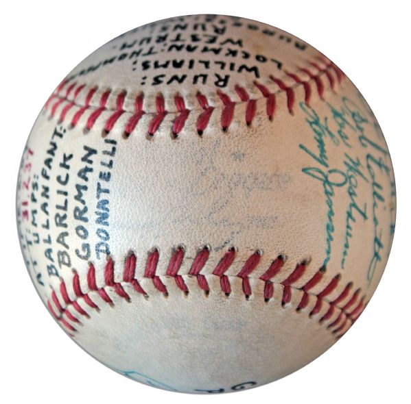 Larry Jansen Signed Baseball in Celebration of His 100th MLB Win -- Also Signed by Bobby Thomson, Al Dark, Dave Williams, Whitey Lockman, Hank Thompson, Don Mueller & Bob Elliott -- 1952