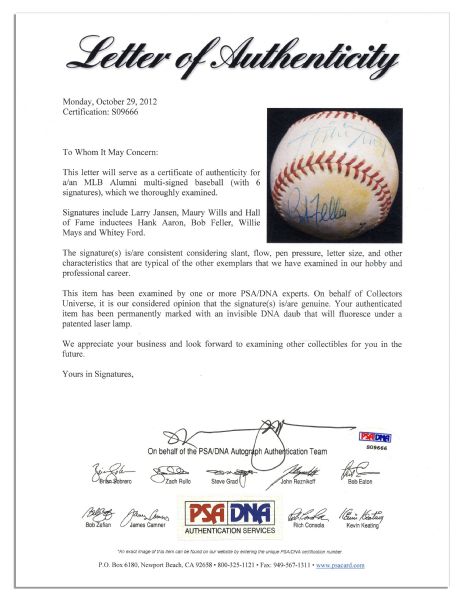 Willie Mays Signs the Sweet Spot of Pacific Coast League Baseball -- With HOFers Whitey Ford & Bob Feller & MVP Maury Wills -- From Estate of Larry Jansen -- With PSA/DNA COA