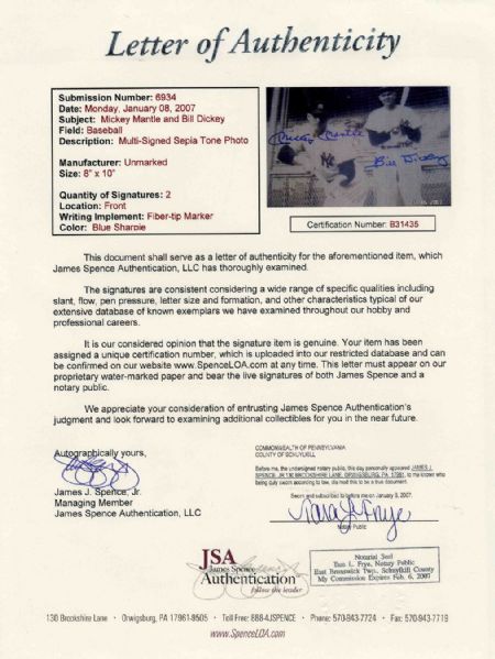 Mickey Mantle & Bill Dickey 8'' x 10'' Signed Photo -- Near Fine -- With JSA COA