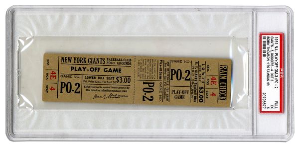 Ticket to the Famous 3 October 1951 New York Giants National League Pennant Tiebreaker Against The Brooklyn Dodgers -- The ''Shot Heard Round The World'' Game