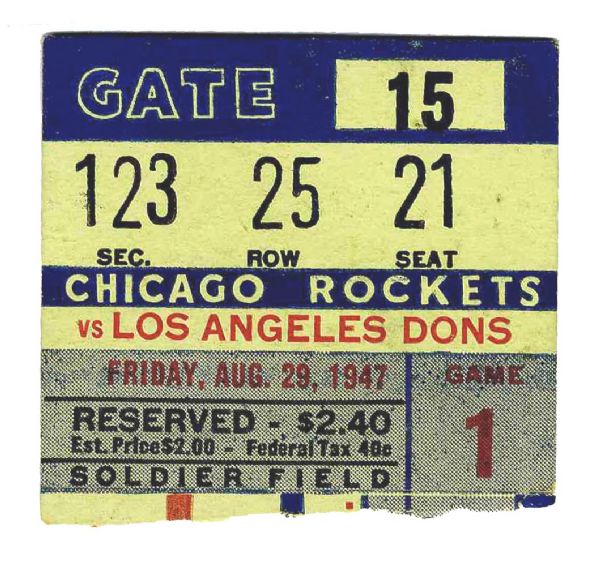 1947 Los Angeles Dons vs. Chicago Rockets AAFC Ticket Stub -- 29 August 1947, Soldier Field -- Mild Wear, Otherwise Mint
