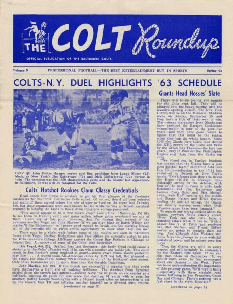 The Baltimore Colts Roundup, Vol. 9, Spring 1963 -- Colts' Official Publication -- 4pp. -- Very Good