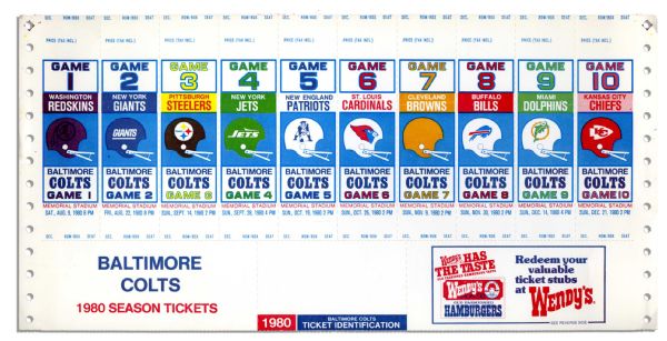Baltimore Colts 1980 Season Tickets Uncut Sheet -- Measures 14'' x 7'' -- Exact Seating Not Determined -- Overall Near Fine