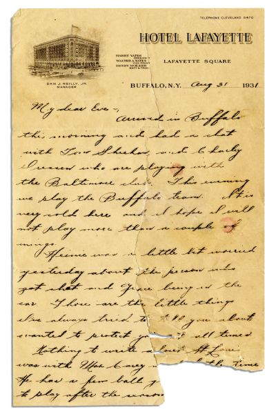 Pie Traynor Autograph Letter Signed -- 1931 -- ''...This evening we play the Buffalo team. It is very cold here and I hope I will not play more than a couple of innings...''