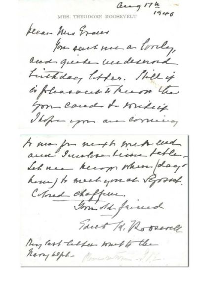 First Lady Edith Kermit Carow Roosevelt Autograph Letter Signed -- Accompanied by Free Frank Envelope -- 1940