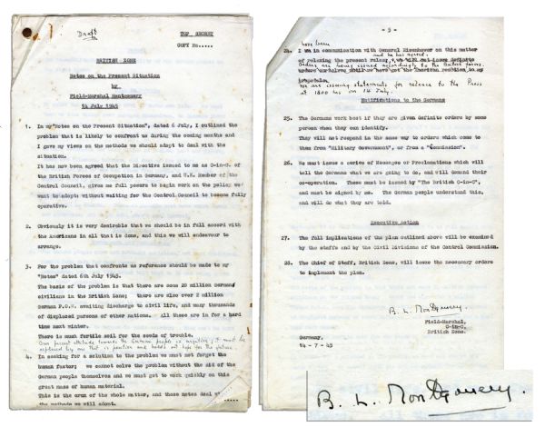 'Top Secret'' Draft Signed by Bernard Montgomery on the German People and the Occupation of Germany Just After Her Surrender in 1945 -- With Numerous Hand-Edits by Montgomery Such as ''...Our...