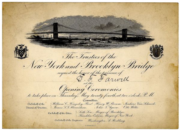 Official Invitation to the May 1883 Opening Ceremonies of the Brooklyn Bridge -- Tiffany & Co. Printing