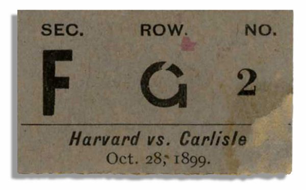 Extremely Rare 1899 Ticket Stub From a Harvard Versus Carlisle Football Game -- The First Year Carlisle Was Coached by ''Pop'' Warner