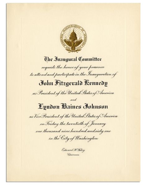 Nice, Clean Invitation to JFK's Inauguration -- Embossed Invite Comes in Original Envelope From the Inaugural Committee