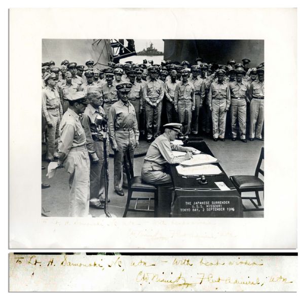 Official 13'' x 11'' Photo of Japanese Surrender Aboard U.S.S. Missouri -- Signed Twice by Fleet Admiral Chester Nimitz