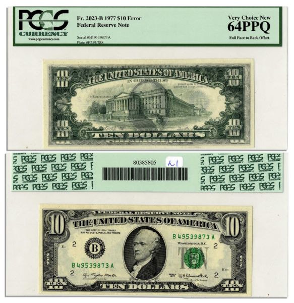 $10 Federal Reserve Error Note -- Series 1977, New York -- Graded PCGS 64PPQ -- Full Face to Back Offset
