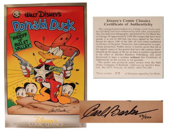 Carl Barks Signed Limited Edition Donald Duck Poster -- 24'' x 36'' Numbered ''53/500'' With Disney COA -- Near Fine