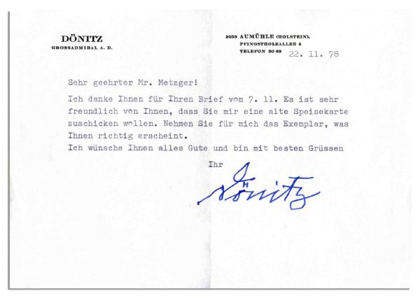 German Admiral Karl Donitz Typed Letter Signed on His Personal Stationery -- 8.25'' x 5.75'' -- Very Good