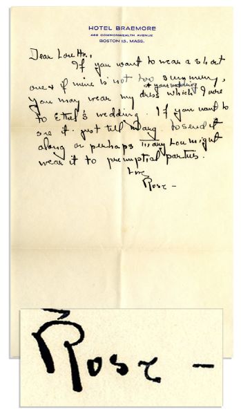 Rose Kennedy Autograph Note Signed -- ''...you may wear my dress at your wedding which I wore to Ethel's wedding...''