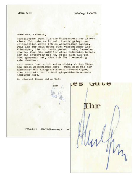 Albert Speer Typed Letter Signed -- ''...If you by any chance have a friend who recorded the interview with Mr. [Garrick] Utley on audiotape, I'd be very thankful...''