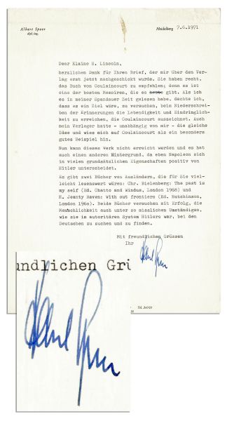 Albert Speer Letter Signed Mentioning Hitler -- ''...Napoleon is positively fundamentally different from Hitler… & ''...the awful circumstances that were found in Hitler's authoritarian system...''