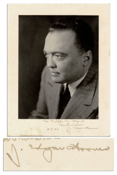 J. Edgar Hoover Signed Photo -- ''To Ralph W. Beards / Best wishes J. Edgar Hoover  3.9.50'' -- 8.75'' x 11.25'' Matte Photo -- Small Stain to Lower Edge, Else Near Fine