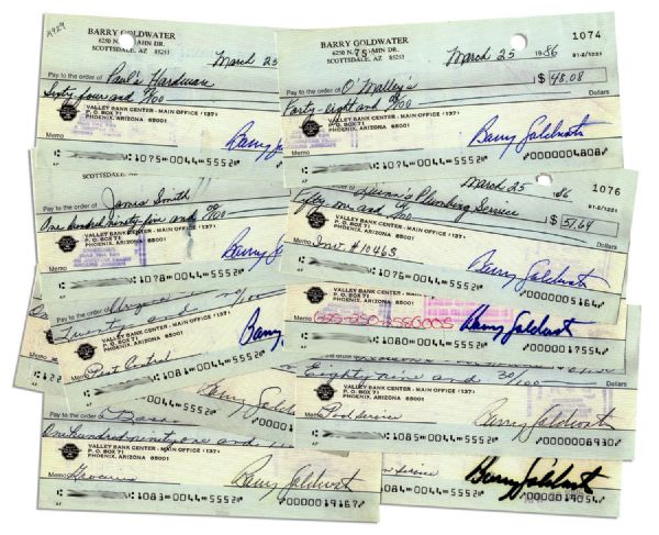 Lot of 10 Checks Signed by ''Mr. Conservative,'' Barry Goldwater