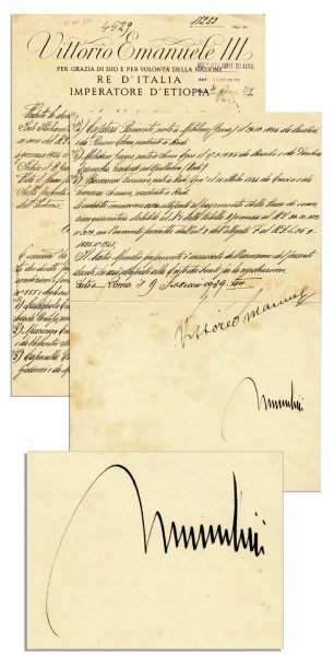 1939 Benito Mussolini & Vittorio Emanuele III Document Signed