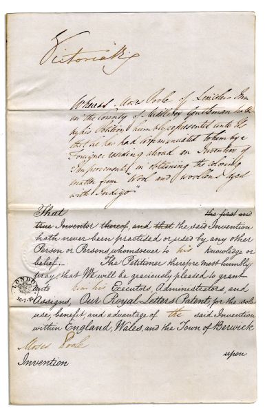 Queen Victoria Document Signed -- Patent Awarded to Man for Improvements in Wool Coloring