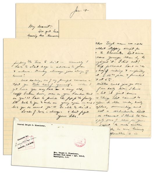 Eisenhower WWII Letter to Mamie -- ''...we rode 20 hours without stopping...long day of riding & inspecting...you may have a very old, broken down man on your hands...'' -- With Envelope Signed by Ike