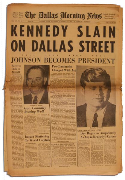 JFK Assassination Newspaper -- The Dallas Morning News From 23 November 1963 -- ''KENNEDY SLAIN ON DALLAS STREET''