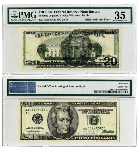 $20 Federal Reserve Error Note -- Series 1996, Boston -- Offset Printing Error -- PMG 35