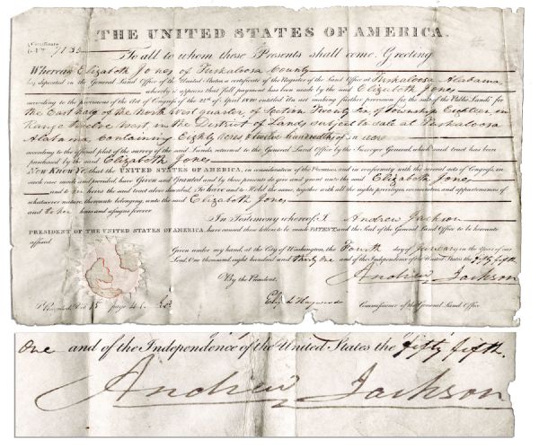 1831 Alabama Land Grant Signed by Andrew Jackson as President During the Trail of Tears