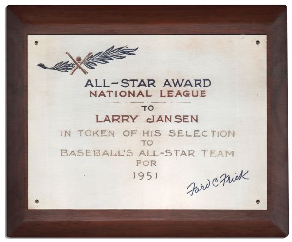 New York Giants Pitcher Larry Jansen's Official 1951 All-Star Award Plaque -- Commemorating His Selection to the Team -- From the Larry Jansen Estate