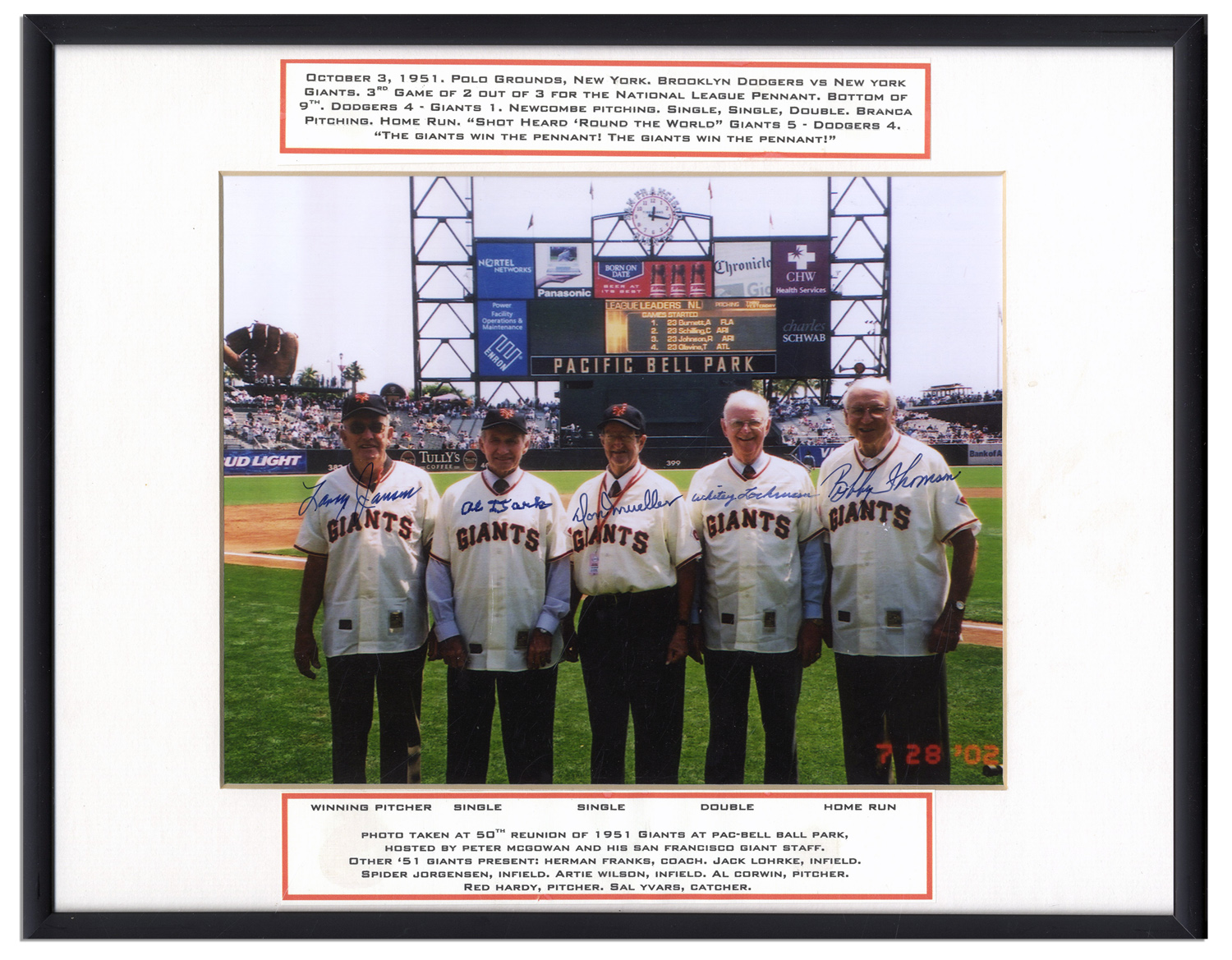 Signed Photo of 1951 Giants Larry Jansen, Bobby Thomson, Al Dark, Don Mueller & Whitey Lockman -- From Larry Jansen's EstateAll > SportsAll > Sports > Baseball