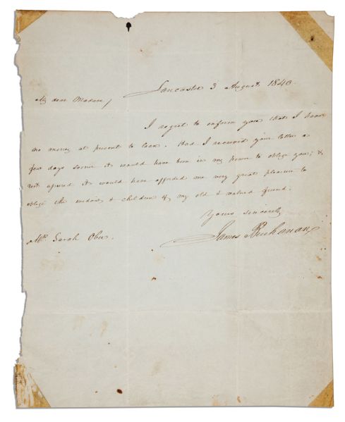 James Buchanan Autograph Letter Signed -- ''...I have no money at present to loan...''