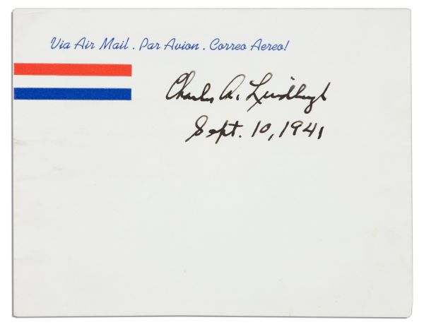 Charles Lindbergh Signed Envelope -- Signed the Day Before His Famous 1941 ''America First'' Anti-War Speech