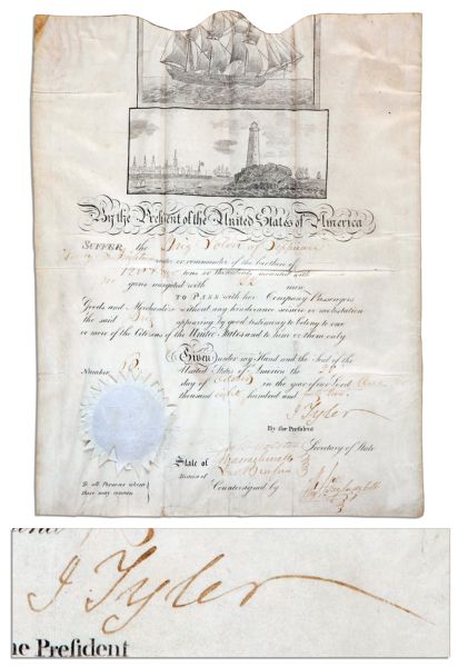 John Tyler 1842 Ships Paper Signed as President -- Countersigned by Daniel Webster as Secretary of State